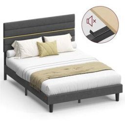 VASAGLE Lit double avec tête rembourrée ajustable en métal et bois, Gris Ardoise / 140l x 190L cm