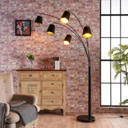 Lampadaire arqué Lindby Tinne, noir/or, marbre, à 5 lampes, E14 Tinne, noir, Salon / Salle à manger, Textile / Tissu / Soie, Moderne, Lampadaire Tissu