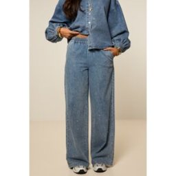 Pantalon large en denim bleu à strass My Jewellery Bleu femme
