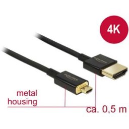 Câble de raccordement Delock HDMI Fiche mâle HDMI-A, Fiche mâle HDMI-Micro-D 0.50 m noir 84788 4K UHD, contacts dorés Câble HDMI