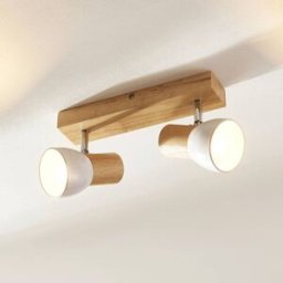 Lindby plafonnier Thorin, 27 cm, à 2 lampes, blanc, bois, E14 Thorin Lindby, dimmable, bois clair, Salon / Salle à manger, Bois, Scandinave, Spot