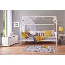 Deladeco Lit cabane enfant moderne en pin massif laqué blanc Fannie Blanc laqué