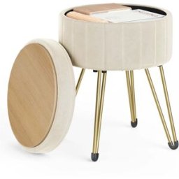 SONGMICS Tabouret rond en velours avec espace de rangement, Blanc Crème