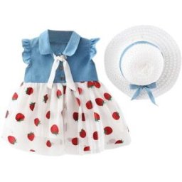 YEHEI Robe en Tulle bébé Ensemble 6M-3Y Patchwork Princesse Fraise Filles Manches Volantes Denim Cha