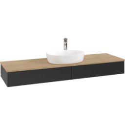 Villeroy und Boch Meuble vasque Villeroy & Boch K14051PD 160 x 19 x 50 cm, percé pour robinetterie, plan vasque couleur chêne miel, laque noire mate