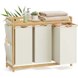 SONGMICS Panier à linge en bambou, Blanc Crème / 150 L (3 Compartments)