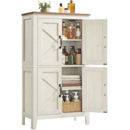 VASAGLE LIRY Collection -Buffet haut style ferme avec étagères ajustables, Blanc Rustique / 4 portes