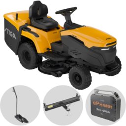 Stiga Estate 598e - Kit Tracteur tondeuse avec 1 module de batterie ePower Pro de 56V/40Ah - Bac de ramassage et mulching