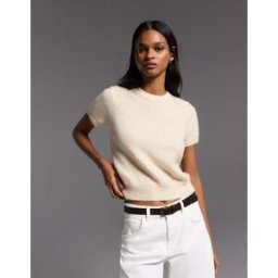 Bershka Pull Manches Courtes Col Rond Femme M Écru