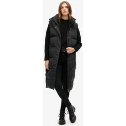 Superdry Femme Doudoune Longue Sans Manches à Capuche Noir Taille: 38