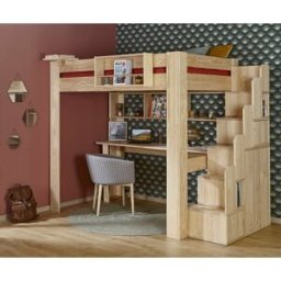 Ma Chambre d'Enfant Lit mezzanine ado 2 places avec escalier et bureau Naolo Bois naturel 140x190 cm