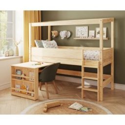 Ma Chambre d'Enfant Lit cabane mi-hauteur avec bureau et matelas Combeebed Bois naturel 90x200 cm Echelle grand côté Structure cabane uniquement Sans rangement Matelas Norway 13 cm