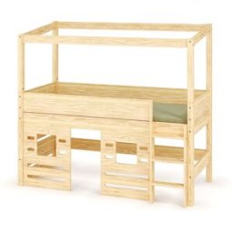 Ma Chambre d'Enfant Lit cabane mi-hauteur Combeebed Bois naturel 90x200 cm Echelle grand côté Fenêtre bas
