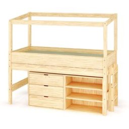 Ma Chambre d'Enfant Lit cabane mi-hauteur avec rangement et matelas Combeebed Bois naturel 90x200 cm Echelle petit côté Structure cabane uniquement 1 étagère + 1 commode Matelas Norway 13 cm