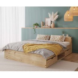 Ma Chambre d'Enfant Lit adulte avec sommier et tête de lit rétractable Niston Bois naturel 160x200 cm/Opt:Avec 2 ensembles tiroirs et niche