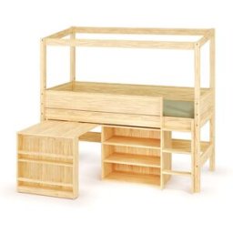 Ma Chambre d'Enfant Lit cabane mi-hauteur avec bureau et matelas Combeebed Bois naturel 90x200 cm Echelle grand côté Structure cabane uniquement 1 étagère Matelas Airfresh 15 cm