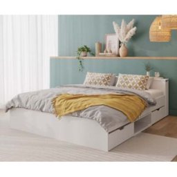Ma Chambre d'Enfant Lit ado avec sommier et tête de lit rétractable Niston Blanc 140x200 cm/Opt:Avec 1 ensemble tiroirs et niche