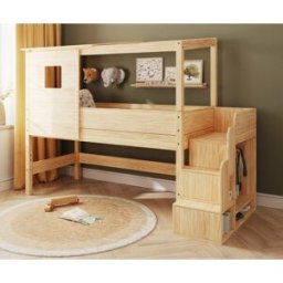 Ma Chambre d'Enfant Lit cabane mi-hauteur avec escalier et matelas Combeebed Bois naturel 90x200 cm Fenêtre et toit haut uniquement Matelas Norway 13 cm