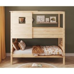 Ma Chambre d'Enfant Lit superposé cabane enfant Combeebed Bois naturel 90x200 cm Echelle petit côté Toit et fenêtre haut