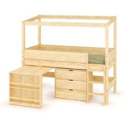 Ma Chambre d'Enfant Lit cabane mi-hauteur avec bureau et matelas Combeebed Bois naturel 90x200 cm Echelle grand côté Structure cabane uniquement 1 commode Matelas Norway 13 cm