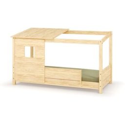 Ma Chambre d'Enfant Lit cabane Montessori Combeebed Bois naturel 90x200 cm Barrière de sécurité avant Avec toit et fenêtre haut