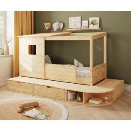 Ma Chambre d'Enfant Lit cabane enfant avec estrade et matelas Combeebed Bois naturel 90x200 cm Avec toit et porte Sans barrière Matelas Airfresh 15 cm