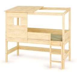 Ma Chambre d'Enfant Lit cabane mi-hauteur Combeebed Bois naturel 90x200 cm Echelle grand côté Toit et fenêtre haut