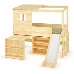 Ma Chambre d'Enfant Lit cabane mi-hauteur avec toboggan et matelas Combeebed Bois naturel 90x200 cm 1 bureau + 1 étagère Matelas Airfresh 15 cm