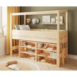 Ma Chambre d'Enfant Lit cabane mi-hauteur avec rangement et matelas Combeebed Bois naturel 90x200 cm Echelle petit côté Structure cabane uniquement 2 étagères Matelas Norway 13 cm