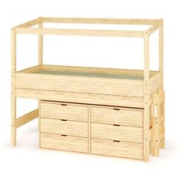 Ma Chambre d'Enfant Lit cabane mi-hauteur avec rangement Combeebed Bois naturel 90x200 cm Echelle petit côté Structure cabane uniquement 2 commodes