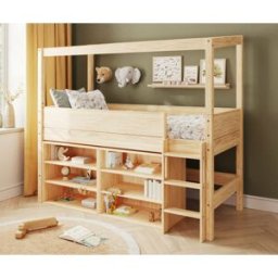 Ma Chambre d'Enfant Lit cabane mi-hauteur avec rangement et matelas Combeebed Bois naturel 90x200 cm Echelle grand côté Structure cabane uniquement 2 étagères Matelas Airfresh 15 cm