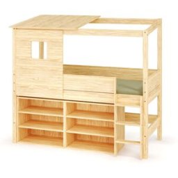 Ma Chambre d'Enfant Lit cabane mi-hauteur avec rangement et matelas Combeebed Bois naturel 90x200 cm Echelle grand côté Toit et fenêtre haut 2 étagères Matelas Airfresh 15 cm
