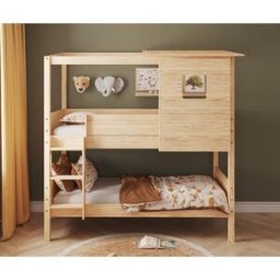 Ma Chambre d'Enfant Lit superposé cabane enfant Combeebed Bois naturel 90x200 cm Echelle grand côté Toit et fenêtre haut