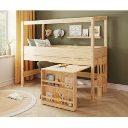 Ma Chambre d'Enfant Lit cabane mi-hauteur avec bureau Combeebed Bois naturel 90x200 cm Echelle petit côté Structure cabane uniquement Sans rangement