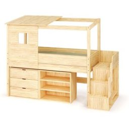 Ma Chambre d'Enfant Lit cabane mi-hauteur avec escalier Combeebed Bois naturel 90x200 cm 1 commode + 1 étagère