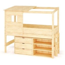 Ma Chambre d'Enfant Lit cabane mi-hauteur avec rangement et matelas Combeebed Bois naturel 90x200 cm Echelle petit côté Toit et fenêtre haut 1 étagère + 1 commode Matelas Norway 13 cm