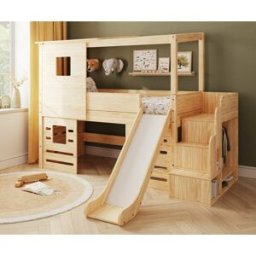 Ma Chambre d'Enfant Lit cabane mi-hauteur avec escalier, toboggan et matelas Combeebed Bois naturel 90x200 cm Matelas Airfresh 15 cm