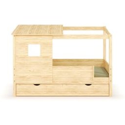 Ma Chambre d'Enfant Lit cabane gigogne enfant et matelas Combeebed Bois naturel 90x200 cm Sans caches sommier Avec toit et porte 2 barrières Matelas Norway 13 cm