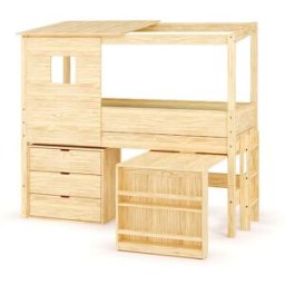 Ma Chambre d'Enfant Lit cabane mi-hauteur avec bureau Combeebed Bois naturel 90x200 cm Echelle petit côté Toit et fenêtre haut 1 commode