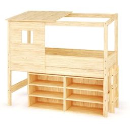Ma Chambre d'Enfant Lit cabane mi-hauteur avec rangement et matelas Combeebed Bois naturel 90x200 cm Echelle petit côté Toit et fenêtre haut 2 étagères Matelas Airfresh 15 cm