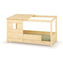 Ma Chambre d'Enfant Lit cabane Montessori Combeebed Bois naturel 90x200 cm Barrières de sécurité avant et arrière Avec toit et fenêtre haut