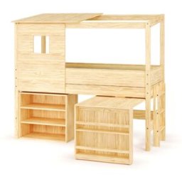 Ma Chambre d'Enfant Lit cabane mi-hauteur avec bureau et matelas Combeebed Bois naturel 90x200 cm Echelle petit côté Toit et fenêtre haut 1 étagère Matelas Airfresh 15 cm