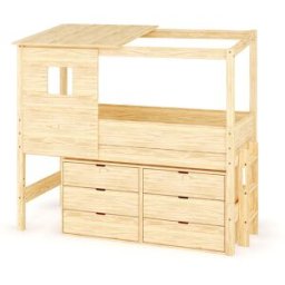 Ma Chambre d'Enfant Lit cabane mi-hauteur avec rangement et matelas Combeebed Bois naturel 90x200 cm Echelle petit côté Toit et fenêtre haut 2 commodes Matelas Airfresh 15 cm