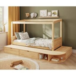 Ma Chambre d'Enfant Lit cabane enfant avec estrade et matelas Combeebed Bois naturel 90x200 cm Sans toit et porte Sans barrière Matelas Norway 13 cm