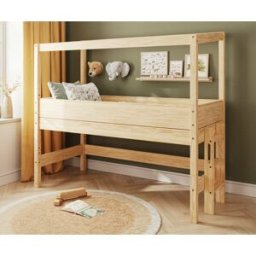 Ma Chambre d'Enfant Lit cabane mi-hauteur Combeebed Bois naturel 90x200 cm Echelle petit côté Structure cabane uniquement