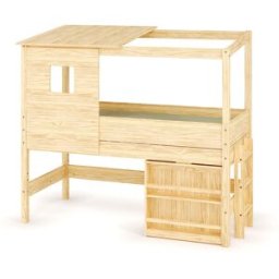 Ma Chambre d'Enfant Lit cabane mi-hauteur avec bureau et matelas Combeebed Bois naturel 90x200 cm Echelle petit côté Toit et fenêtre haut Sans rangement Matelas Norway 13 cm
