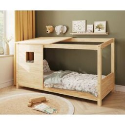 Ma Chambre d'Enfant Lit cabane Montessori Combeebed Bois naturel 90x200 cm Sans barrière de sécurité Avec toit et fenêtre haut