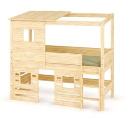 Ma Chambre d'Enfant Lit cabane mi-hauteur Combeebed Bois naturel 90x200 cm Echelle grand côté Toit et fenêtre haut et bas