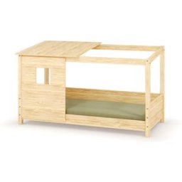 Ma Chambre d'Enfant Lit cabane Montessori Combeebed Bois naturel 90x200 cm Barrière de sécurité arrière Avec toit et fenêtre haut