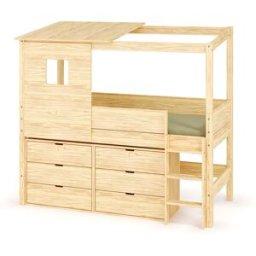 Ma Chambre d'Enfant Lit cabane mi-hauteur avec rangement Combeebed Bois naturel 90x200 cm Echelle grand côté Toit et fenêtre haut 2 commodes